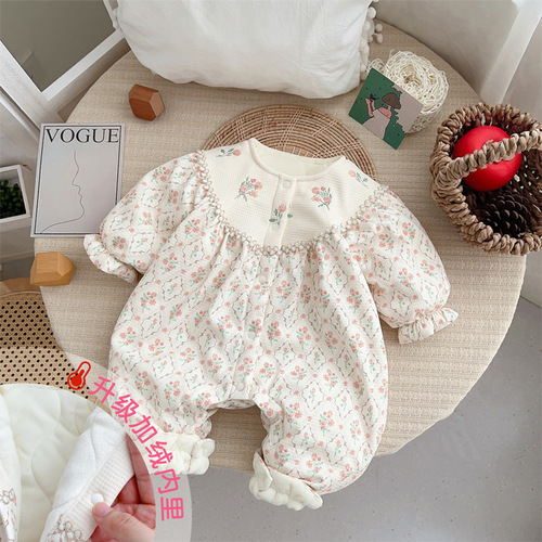 Baby clothes, autumn clothes, one-year-old baby clothes, Korean style baby girl, pastoral style, small floral onesies, home clothes