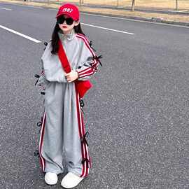 女童套装2025新款秋装韩版洋气时髦灰色线条蝴蝶结连帽衫卫衣套装