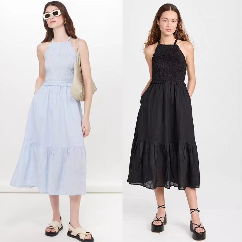 French Niche 2024 Spring and Summer Fashion Parallel Crepe Stitching Ramie Neck Sleeveless Waisted Solid Color dress 24341