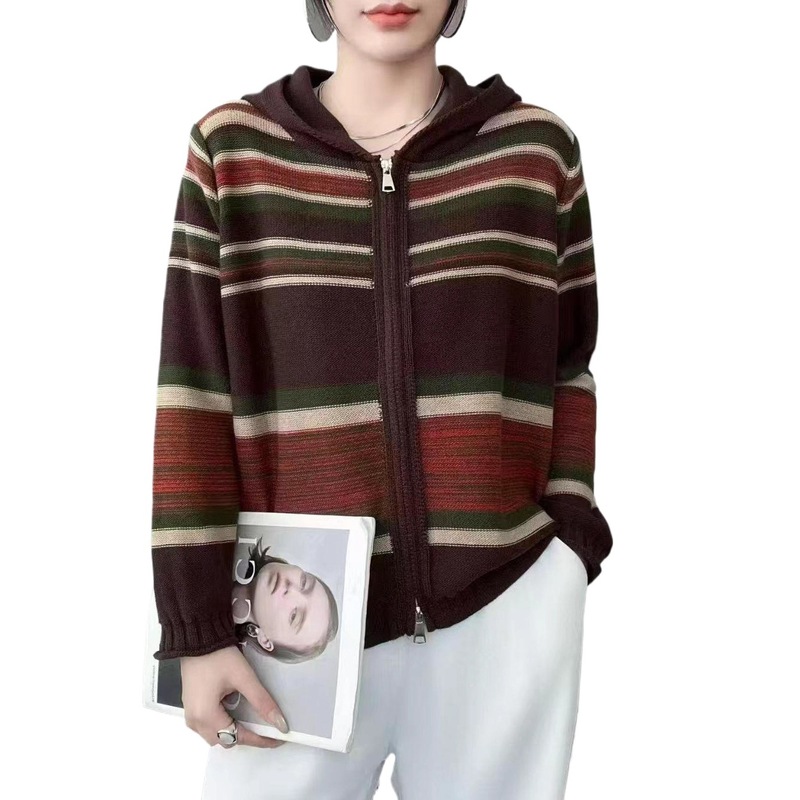 新品双拉链针织开衫洋气连帽上衣女休闲毛衣外套|undefined