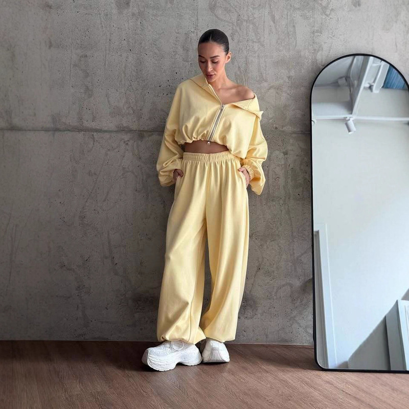欧美女士休闲套装纯色长袖拉链开衫抽绳连帽卫衣运动松紧裤二件套|undefined