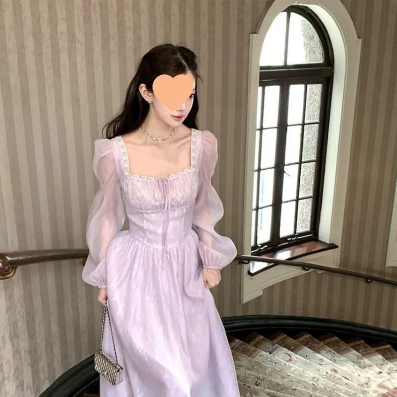 26 Fresh Purple Long Square Neck Long Sleeve Dress for Women, Summer French Retro Elegant Waist-Cinching Dress 26 Fresh Purple Long Square Neck Long Sleeve Dress for Women, Summer French Retro Elegant Waist-Cinching Dress