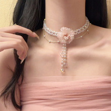 网纱花朵水晶珍珠多层项链耳环轻奢甜美高级感颈链超仙气质锁骨链