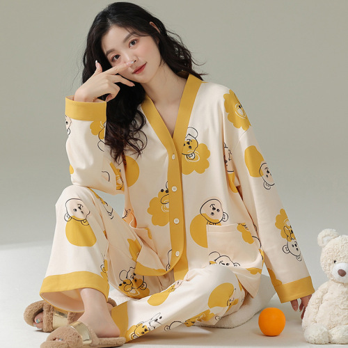 2023 Spring and Autumn New Pajamas Women's Long Sleeve Cardigan V-Neck Kimono Korean Cartoon Cute Women's Home Clothes