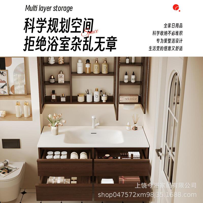 中古风杜邦可丽耐一体盆骨骼线浴室柜组合智能洗漱台洗脸洗手盆柜|undefined