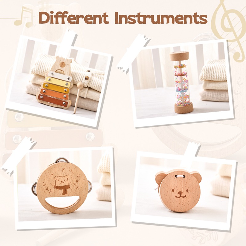 Instrumentos musicales de madera de cuatro piezas para bebés, apaciguamiento para niños, educación temprana, audición, percusión, piano, tubo de lluvia, juguetes musicales