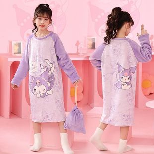Autumn and Winter Children's nightdress women's long thickened flannel coral fleece cute little girl over the knee homewear nightdress
