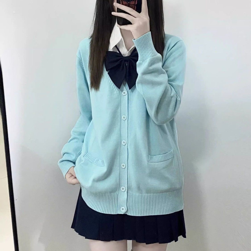 新しい日本のカレッジスタイルの春と秋のJKセーターゆるい純粋なマルチカラーのVネックニットカーディガン長袖ジャケット女性用|undefined