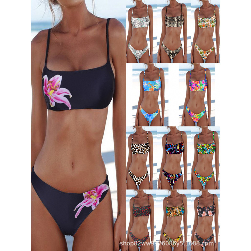 2026 European and American Printed Swimsuit Women's Bikini Swimsuit Split Bikini Cross-Border Sexy Tube Top Women's Swimsuit