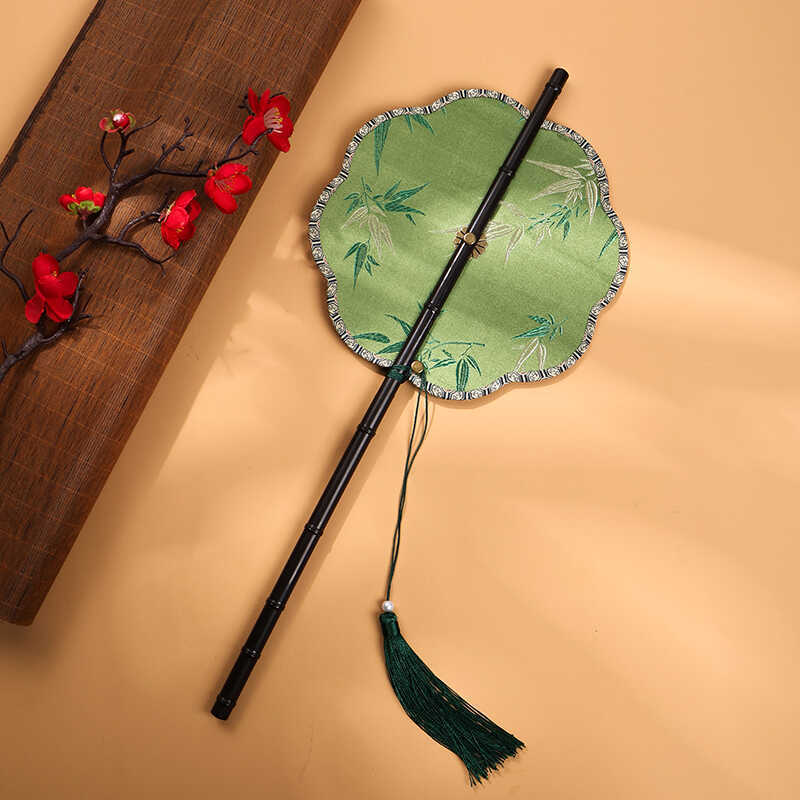 Original Antique Portable Purple Bamboo Waist Fan Long Handle Fan Hanfu Cheongsam Photography Props Foldable Rotating Bamboo Curtain Fan