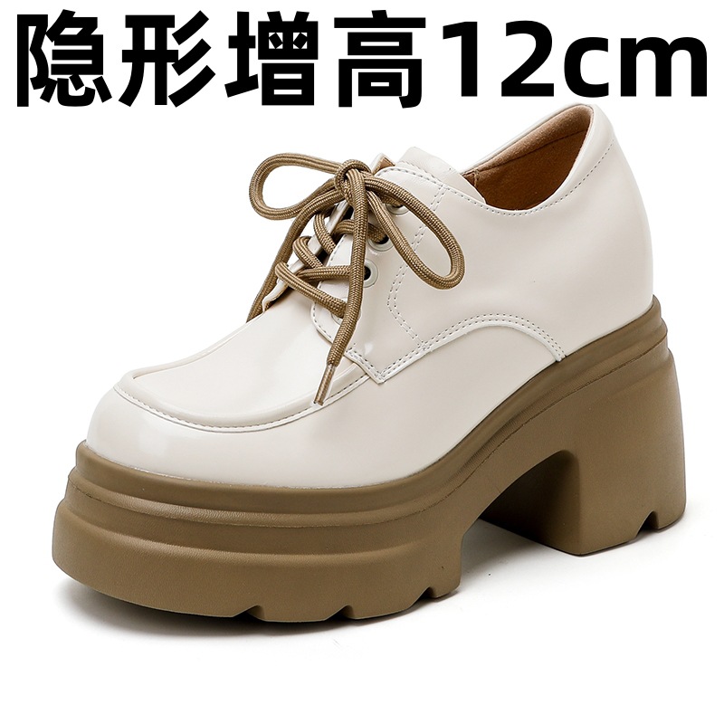 12cm 두꺼운 밑창 로퍼 여성의 2024 년 이른 봄 새로운 내부 높이 증가 Jk 싱글 레이어 신발 화이트 레이스 업 영국 스타일 가죽 신발
