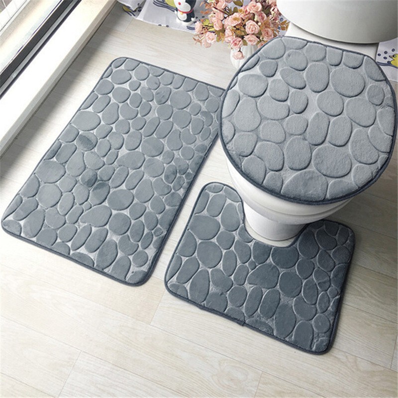Carpet Bathroom Toilet Three-Piece Set Household Non-Slip Absorbent Mat Coral Velvet Pebble Print Bathroom Floor Mat