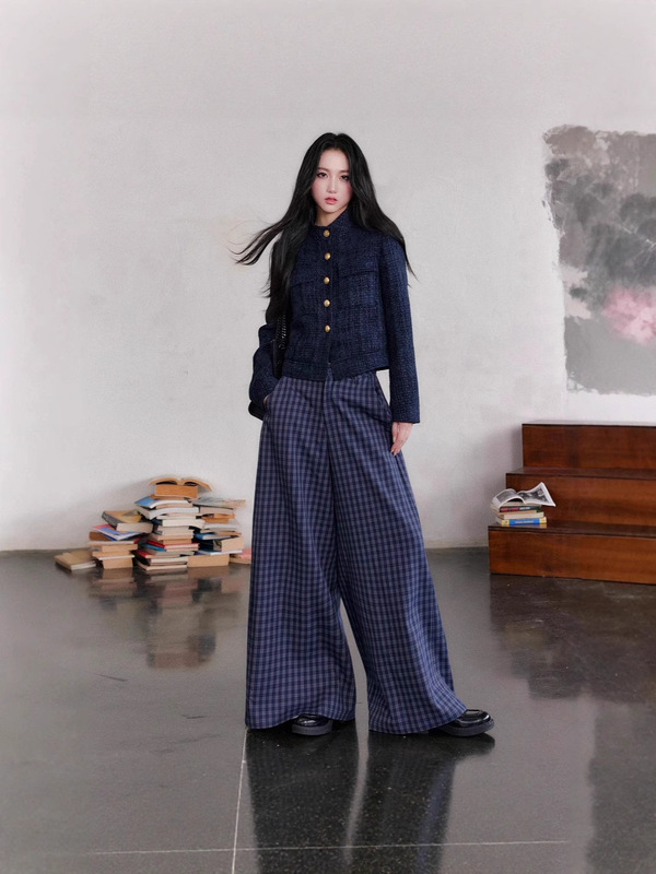 意法2025年秋季新款藏青色小香风外套女高腰半身裙套装女装外套女|undefined
