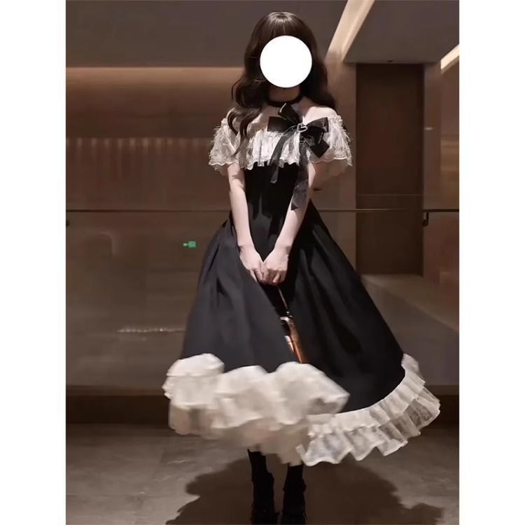 Elegant Lolita Short-Sleeve Dress for Women, Summer 2026 New Style, Bowknot Halter Neck, Waist-Cinching, Slimming Long Dress