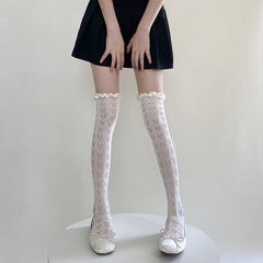 Spring and Summer Retro Net Socks Satin Lace High-Calf Socks Lace-Hole Heart Long Socks White Lolita Knee-High Socks
