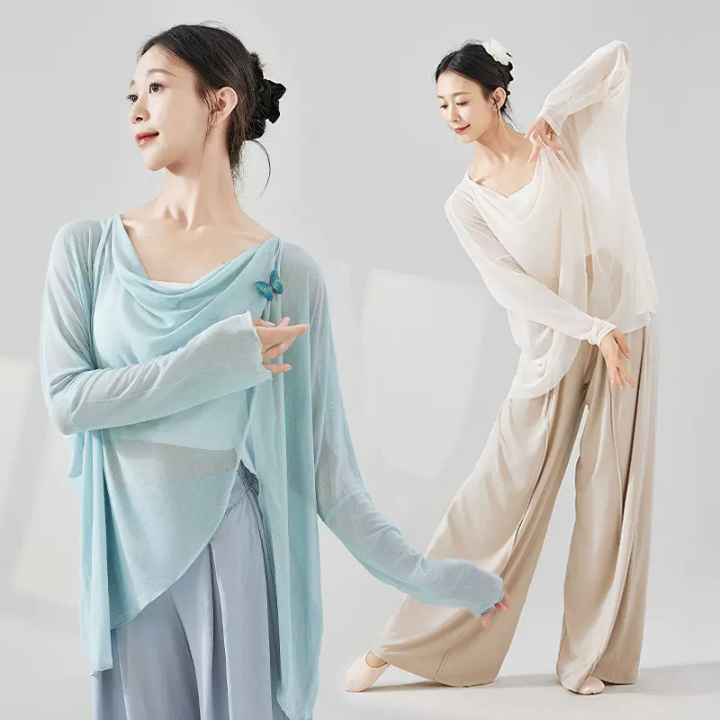 现代舞蹈服女古典白色飘逸宽松网纱形体练功中国长袖成人跳舞上衣