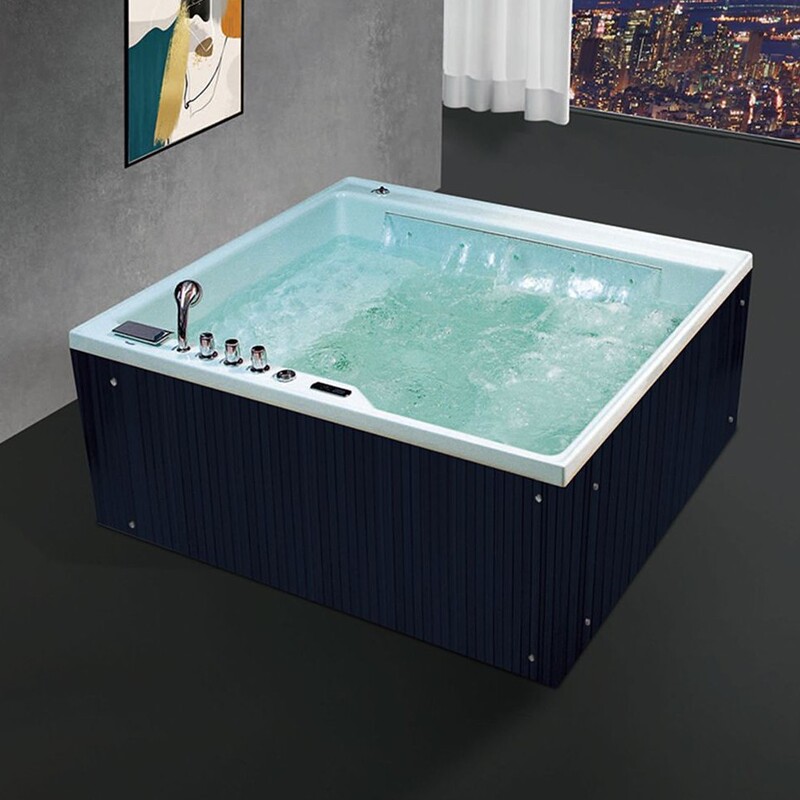 3-4 Person Bathtub with Massage, Surfing, Waterfall, Acrylic Pool, Freestanding Home Spa, Black, Constant Temperature Heating