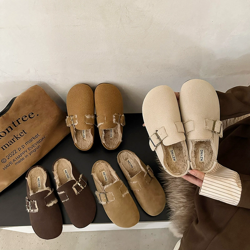Японская плоская голова с половиной тапочек плюс бархатная обувь Birken 2023 осень и зима женский ветер мягкий нижний ленивый тапочки
