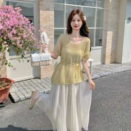 温柔奶油黄镂空短袖针织衫仙气飘逸雪纺长裙韩系松弛感两件套装女