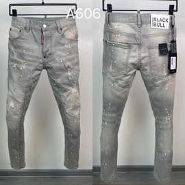 A606墨点个性D2新款男装长裤破洞磨白牛仔裤修身小直脚跨境牛仔裤