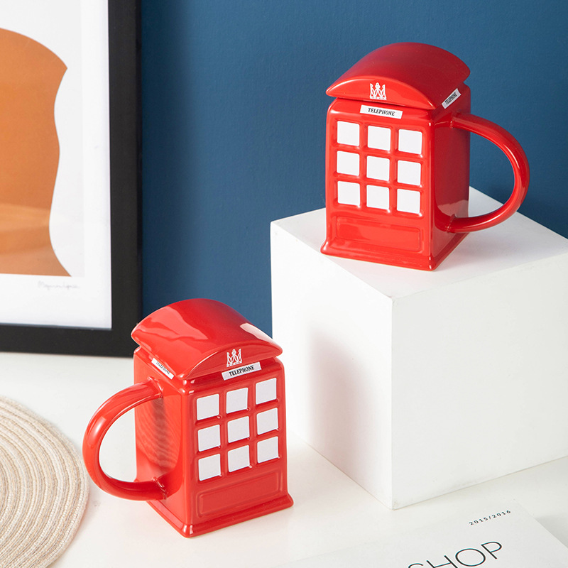 复古欧美电话亭造型杯子创意陶瓷杯红色带盖新奇马克杯咖啡杯水杯