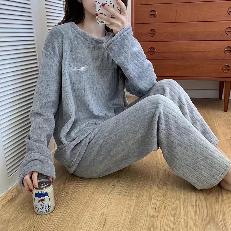 630g Weight Long Sleeve Sleeve Length Pajamas Lingerie Type Pullovers Placket Type Polyester Fabric Type Long Top Length Pants Sets Sets Type 2 Pieces Set Quantity Home Occasion Round Neck Neckline Warm Function Loose Fit Type Stripe, Solid Color Pattern Winter, Autumn Season Women's Gender Casual, Simple Style Style Autumn And Winter New Crescent City Warm Suit Casual Homewear Internet Celebrity Coral Fleece Thick Thermal Pajamas 19