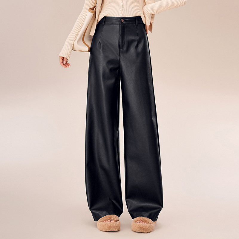 Counter genuine goods Leather Leather Pants Women's Korean-style High-waist Fashionable Loose Sheepskin Straight-leg Dipped Wide-leg Pants Counter genuine goods Leather Leather Pants Women's Korean-style High-waist Fashionable Loose Sheepskin Straight-leg Dipped Wide-leg Pants