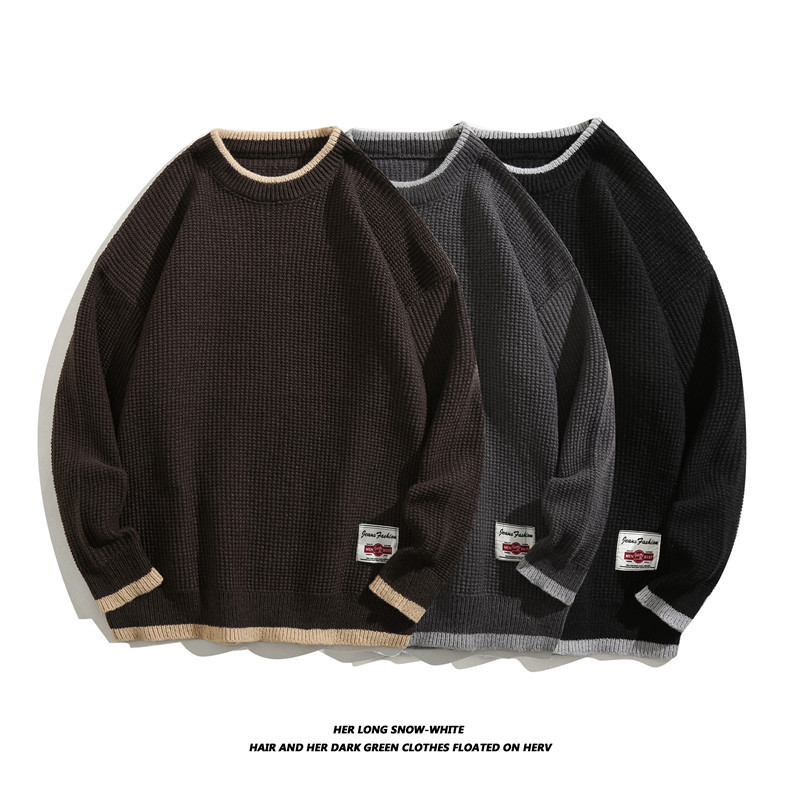 Retro Waffle Thick Woolen Sweater for Men in Autumn and Winter, Ami Khaki Knitted Knitwear, Loose Sweatshirt, Winter Casual Long-Sleeved Sweater