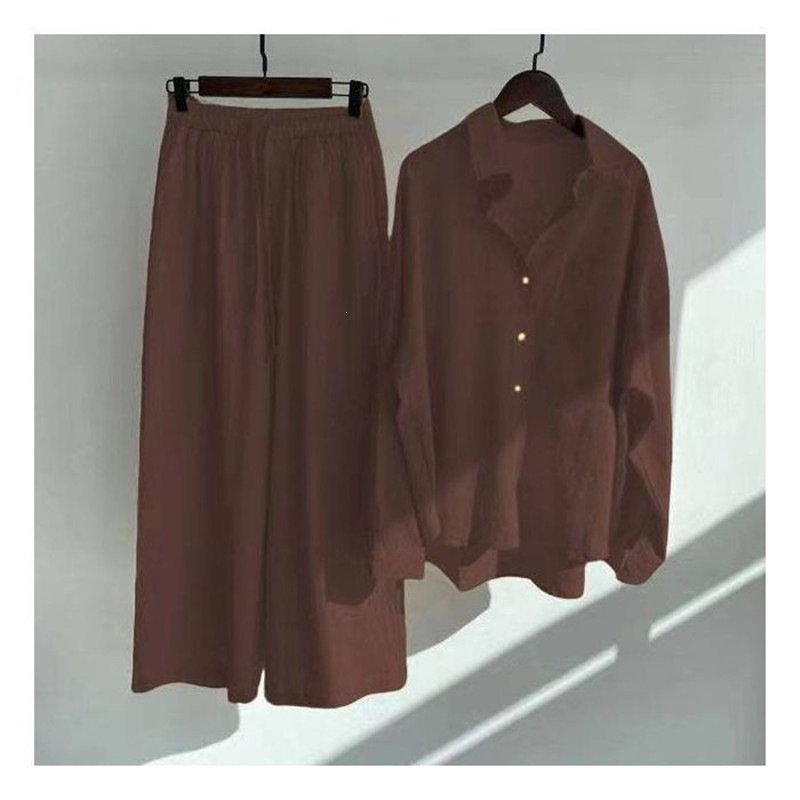 Women's Clothing Women's Retro Plus Size Cotton Linen Shirt Set High Waisted Loose Fitting Trousers Two Piece Set 20 Colors_ecoleips.com