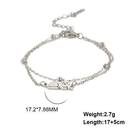 Factory Direct Wholesale New Titanium Steel Bracelet with Double Holed Lying Cat Pendant for Women, Stainless Steel Double Chain Bracelet