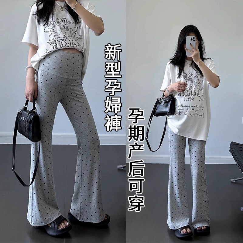 Maternity Polka Dot Flared Pants for Spring and Summer, Plus Size, New Style, High-Waisted, Belly-Supporting, Non-Tightening, Suitable for Pregnant Women