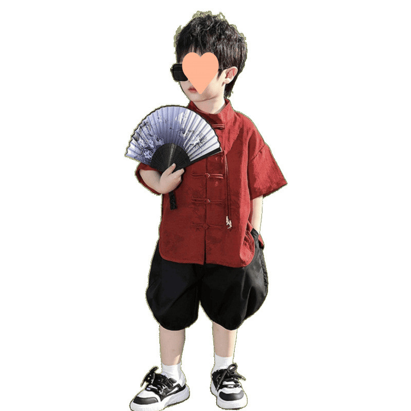 男の子の新しい中国風の漢服と唐服、中型と大型の子供用中華民国風刺繍レトロインターネットセレブ花柄シャツスーツラウンドネックトレンディ|undefined