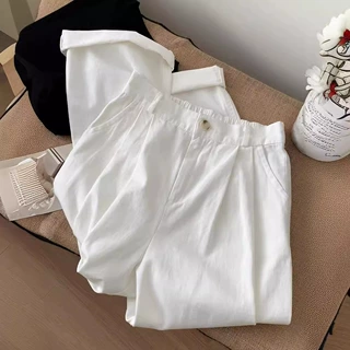 巨遮胯显瘦~韩系时尚高腰白色休闲裤女夏设计感小个子直筒阔腿裤