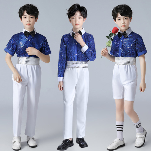 Children boys red blue sequins jazz dance costumes boy suspenders school choir chorus piano recite stage performance outfits for children