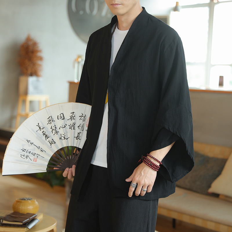 Chinese Style Men's Seven-point Sleeve Cardigan Japanese-style Kimono Robe 2023 Summer New Sunscreen Jacket Hanfu Coat