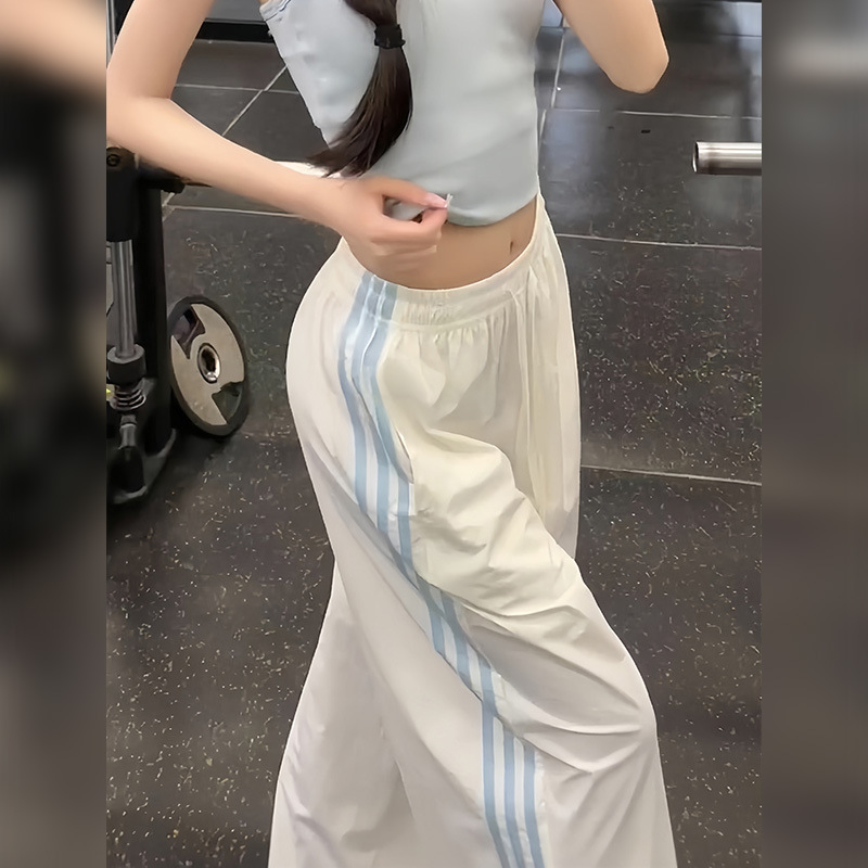 White Quick-Dry Work Pants for Women, Summer Thin High-Waisted Straight Wide-Leg Pants, Petite Fitness Loose Striped Sports Pants