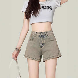 美式复古黄泥色高腰显瘦A字牛仔短裤女夏季薄款辣妹百搭包臂热裤