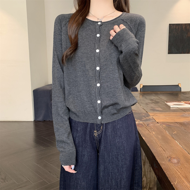 实拍 2025秋季韩版宽松简约休闲插肩圆领6羊毛针织开衫外套女毛衣|undefined