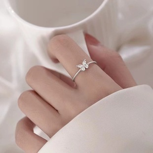 New Arrival Flash Diamond Butterfly Ring Women's Light Luxury Niche Design Adjustable Student Internet Celebrity Popular Opening Ring Food Ring