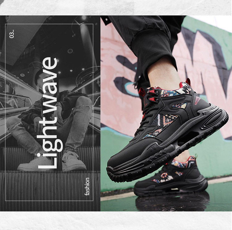 Giày thể thao nam cổ trung, giày sneaker năng động đế dày tăng chiều cao, dây buộc, phối màu — Việt Nam, màu, đen chi tiết 4