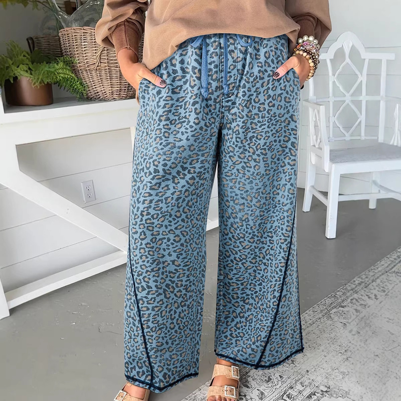 2025 Winter New High-Waisted Jeans for Women, European and American Style, Trendy Leopard Print, Exposed Seam Wide-Leg Pants for Women