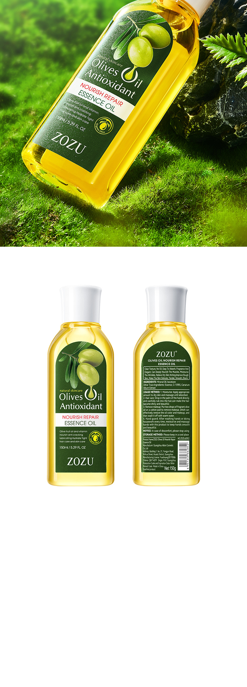 Pflegendes, reparierendes ätherisches ZOZU Olive-Öl für die Gesichtspflege und die Ganzkörperpflege_voghion.com