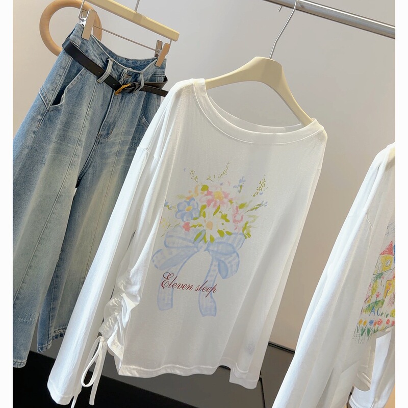 White Off-Shoulder Sun-Protective Long-Sleeve T-Shirt for Women, Summer Design with Drawstring, Loose Floral Print Sun-Protective Cover-Up Top