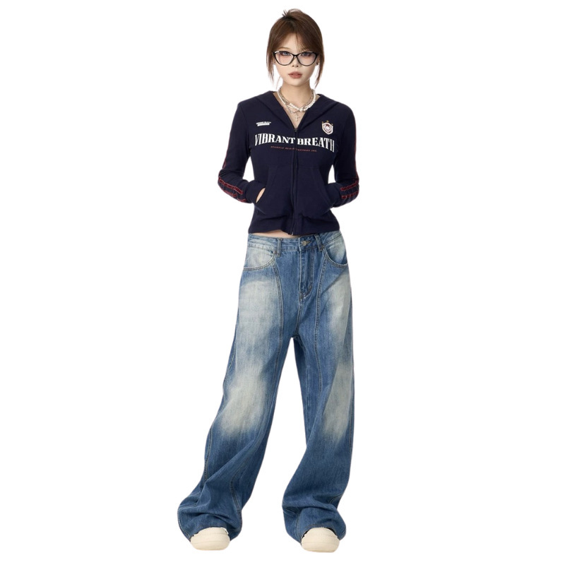 Denim Factory Customized Oem/Odm American Retro Washed Lightning Pattern Wide Leg Scimitar Jeans Women's Summer Wide