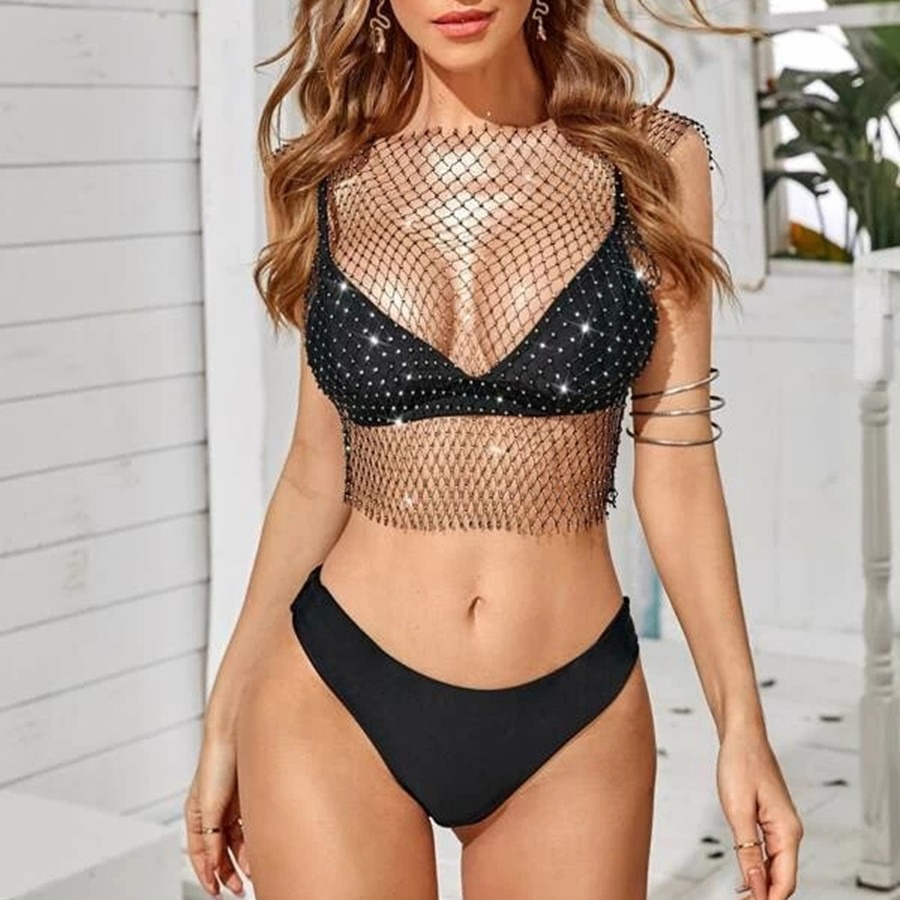 水钻渔网上衣欧美2022夏季亚马逊爆款网钻闪钻女装短袖背心