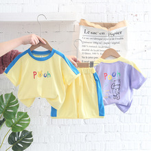 外貿男女兒童寶寶短袖套裝2022新款夏季圓領拼色卡通兩件短袖套裝