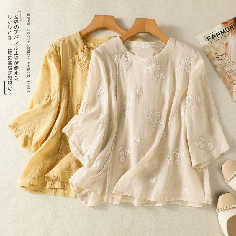 Рубашка из рами с вышивкой в ​​китайском стиле, удобная и дышащая тонкая рубашка с круглым вырезом и планкой по бокам, новая рубашка в китайском стиле, лето 2025 г.