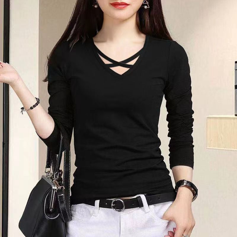 Wholesale Korean style spring and autumn foreign trade plus size long-sleeved T-shirt women's slim fit niche plus size V-neck cross bottoming shirt top women Wholesale Korean style spring and autumn foreign trade plus size long-sleeved T-shirt women's slim fit niche plus size V-neck cross bottoming shirt top women