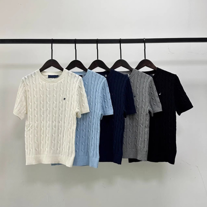 Rl Women's Short-Sleeved Pullover Knitted T-Shirt Top Embroidered Pure Cotton Twist Round Neck Youthful and Fashionable Style Rl Women's Short-Sleeved Pullover Knitted T-Shirt Top Embroidered Pure Cotton Twist Round Neck Youthful and Fashionable Style