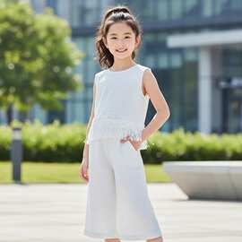 女童夏季套装2026新款儿童时髦夏装绝美韩范流苏背心阔腿裤两件套